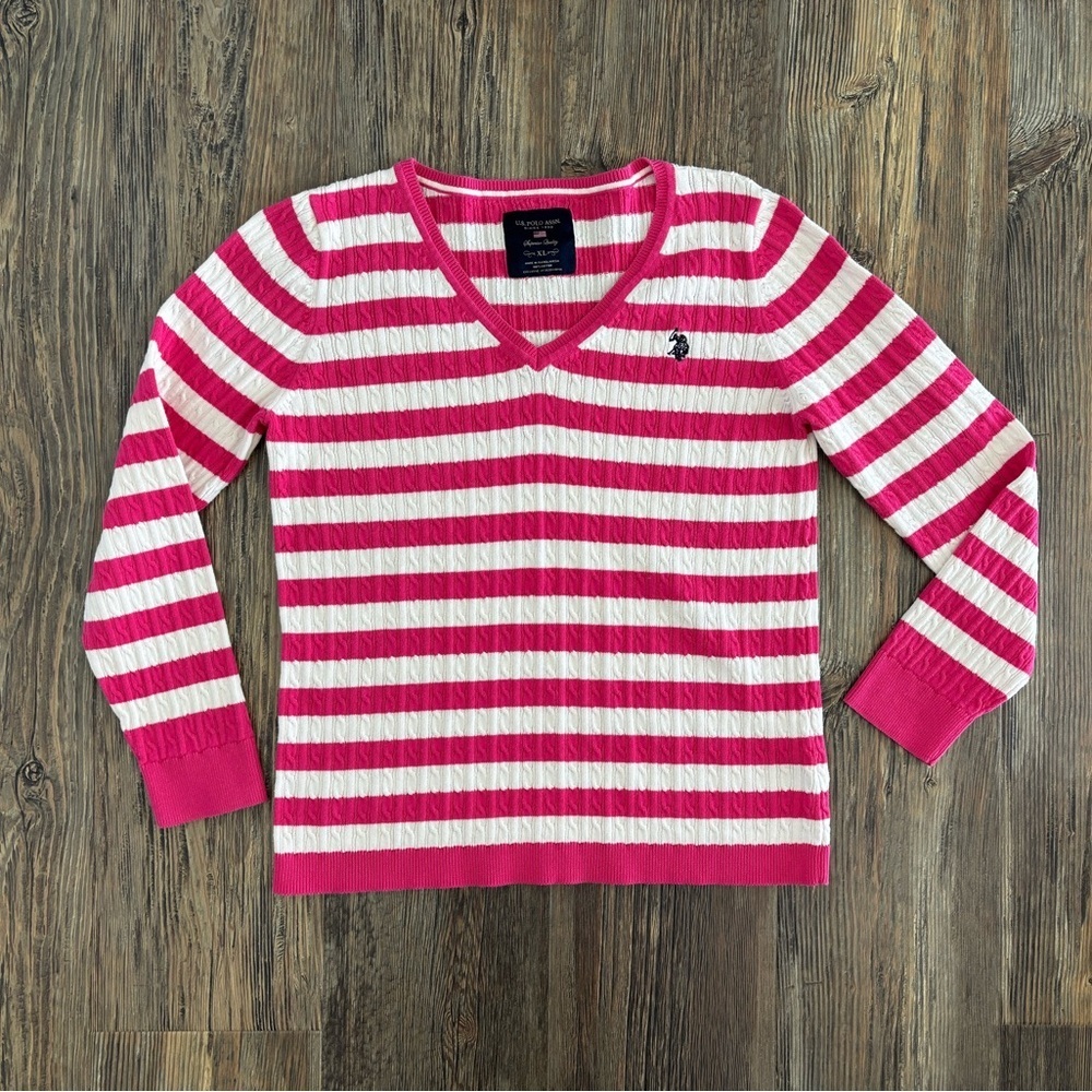 U.S. Polo Assn. V-Neck Cable Knit L/S Sweater Pink White Stripe Womens XL Preppy
